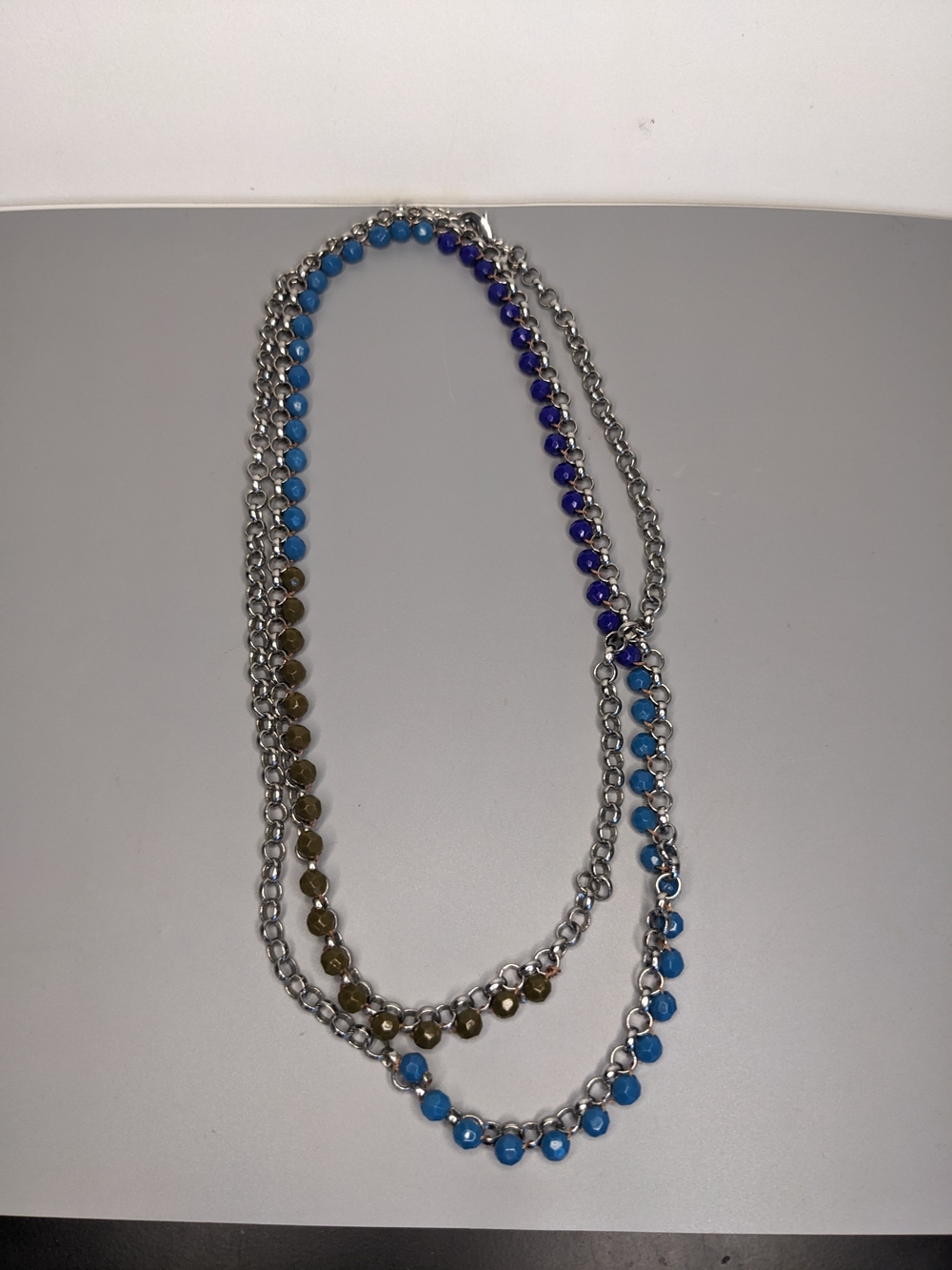 Lia Sophia Long Silver Tone Blue And Brown Beaded Necklace 40-44" Indjustable
